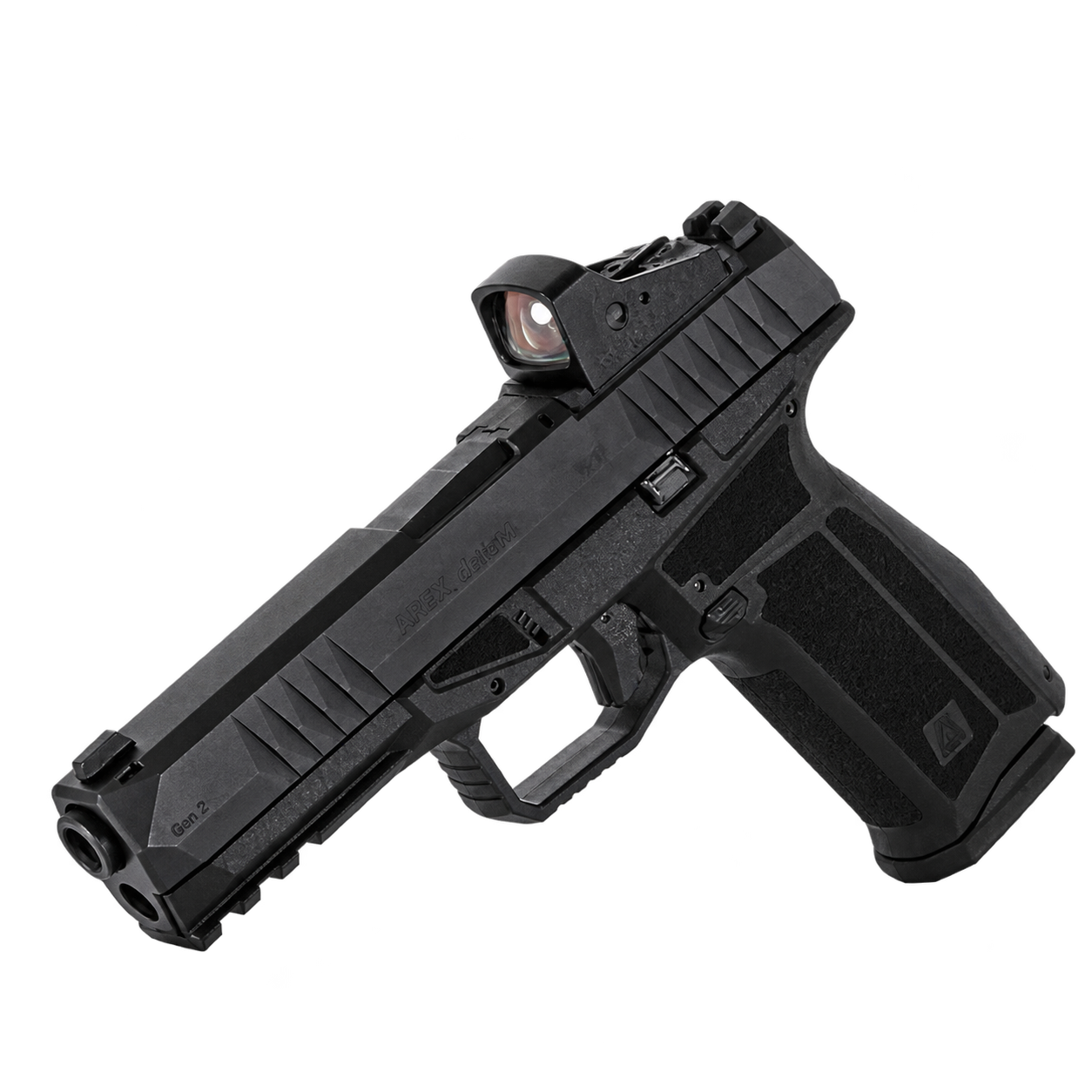 Pistola Arex Delta M OR Gen 2 preta, vista em ângulo com mira óptica