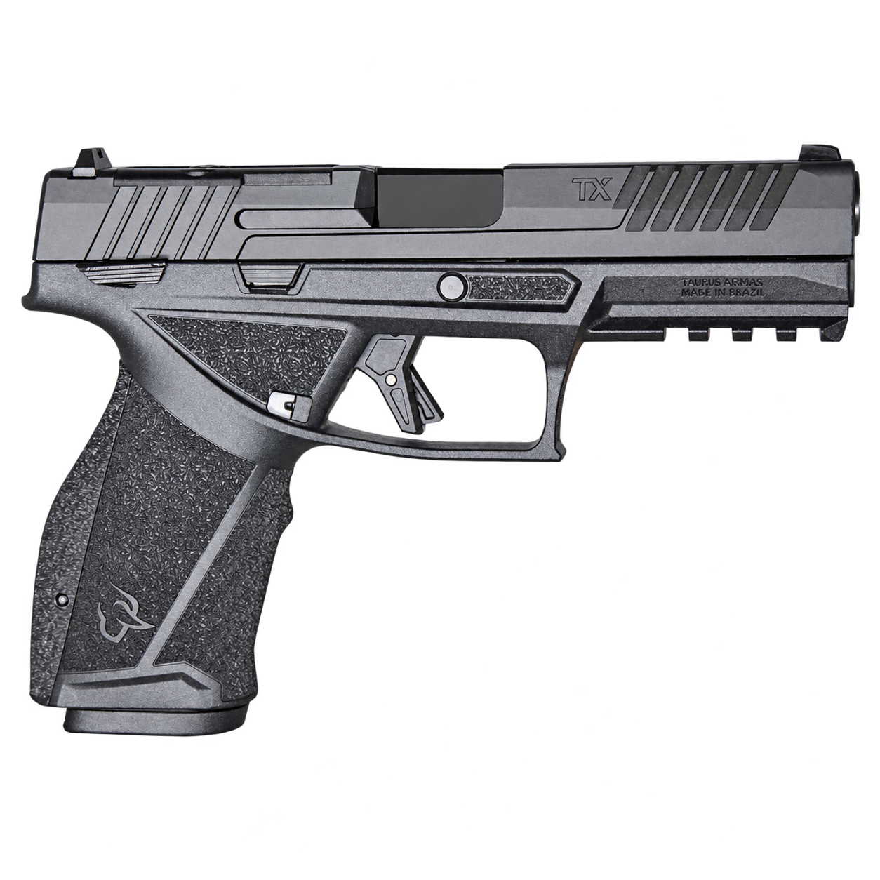 Pistola Taurus TX38 TPC Full Size preta, vista lateral